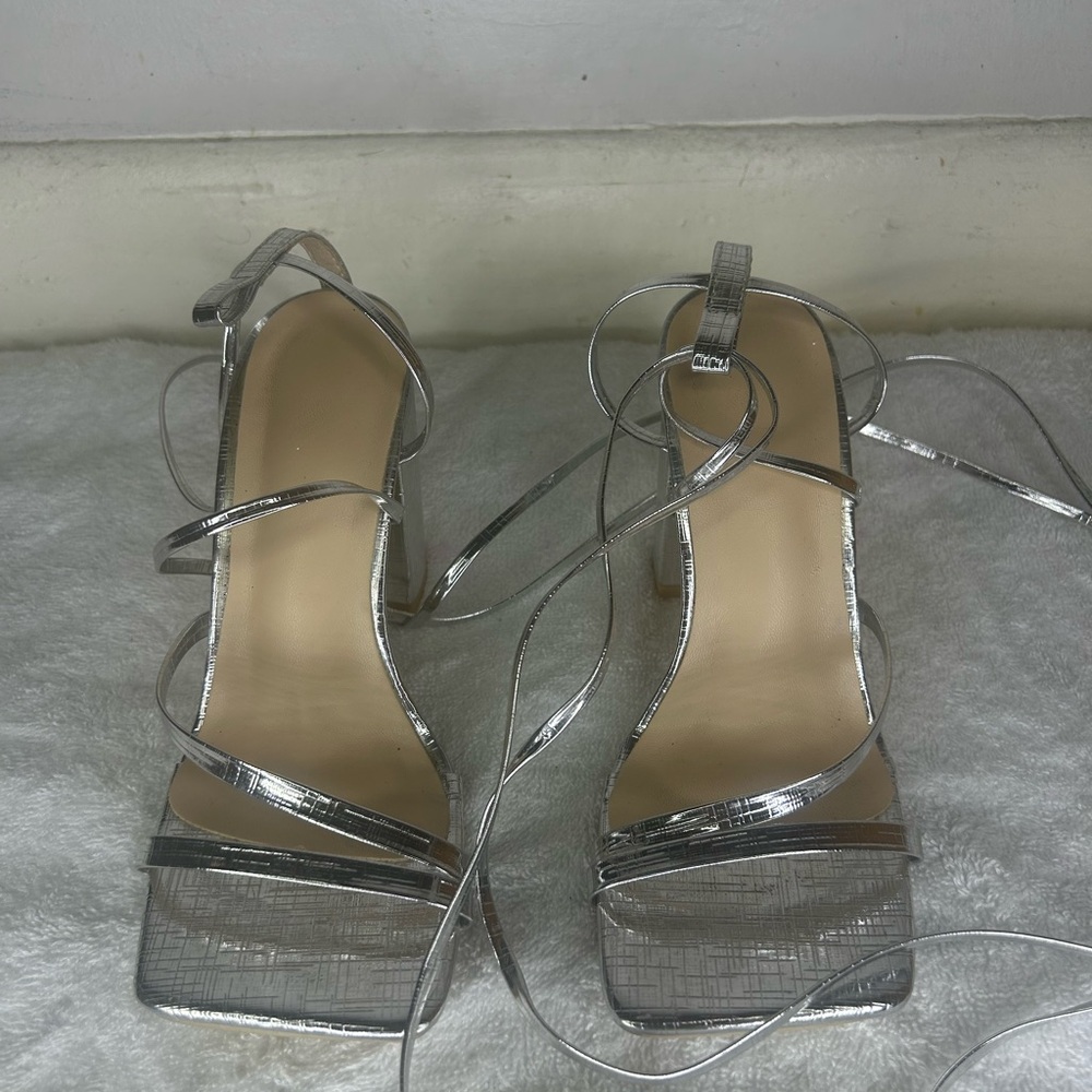 SHEIN Silver Block Heel Strappy Heels